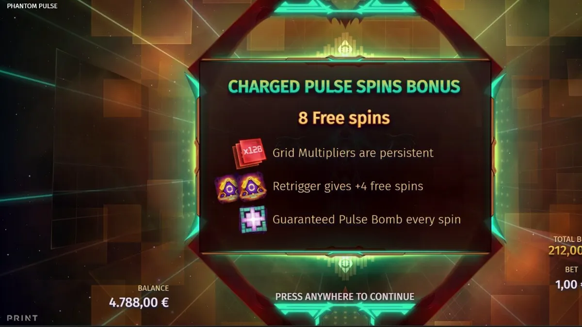 Isang futuristic na cosmic grid slot na Phantom Pulse na may mga makukulay na simbolo at multiplier.